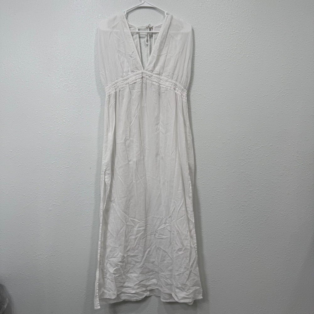 Kona Sol Womens White Gauzy V-Neck Maxi Dress Swim Cover Up‎ Large Side Slit